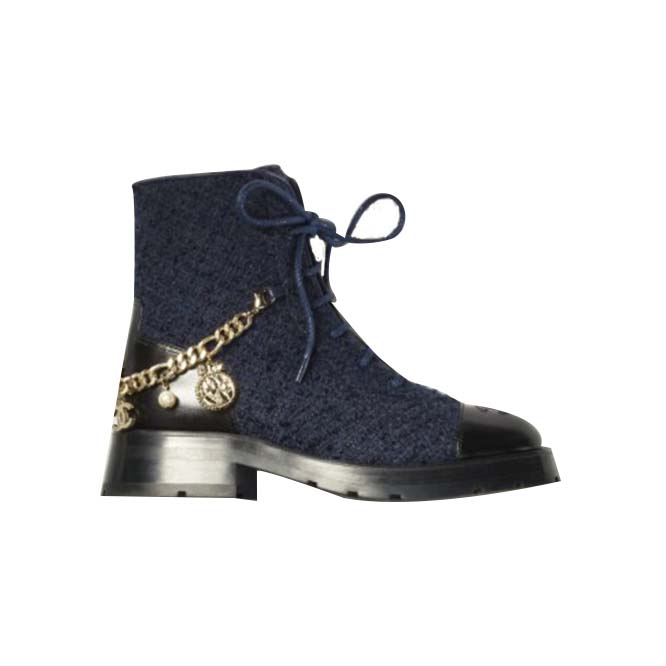 CHANEL LACE-UPS 		WOOL TWEED, CALFSKIN & METAL			NAVY BLUE & BLACK G39393 Y56125 K4839